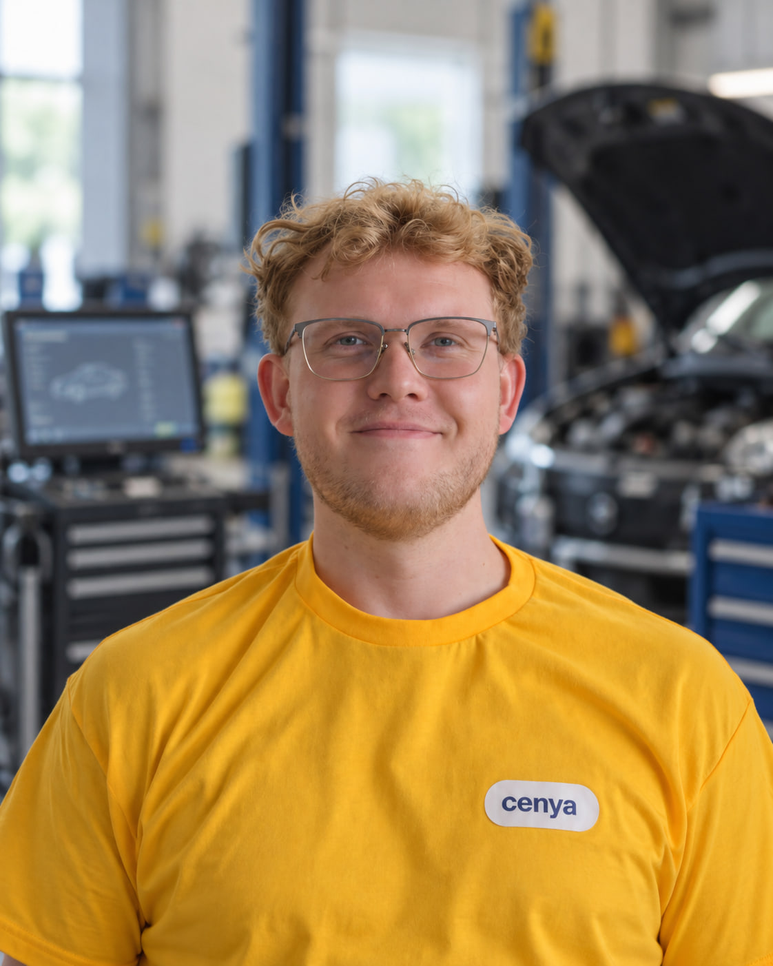 Young cenya driver in a yellow cenya shirt in the workshop