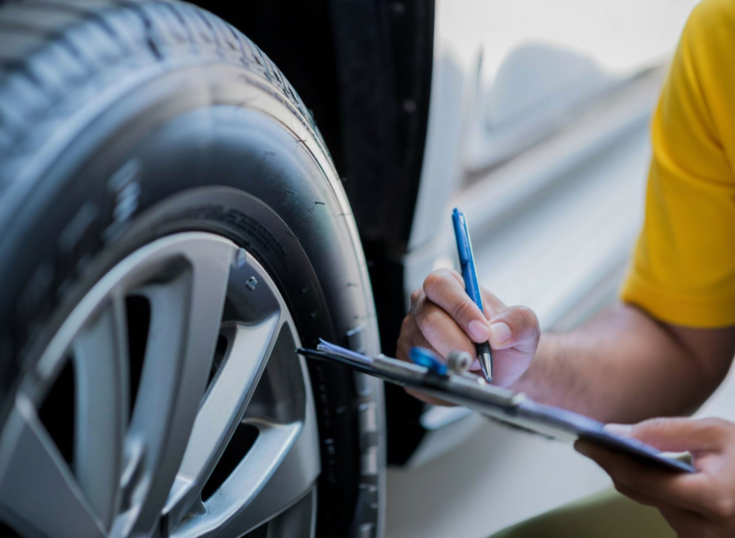 Automotive specialist inspecting a company car and documenting the UVV inspection on a checklist